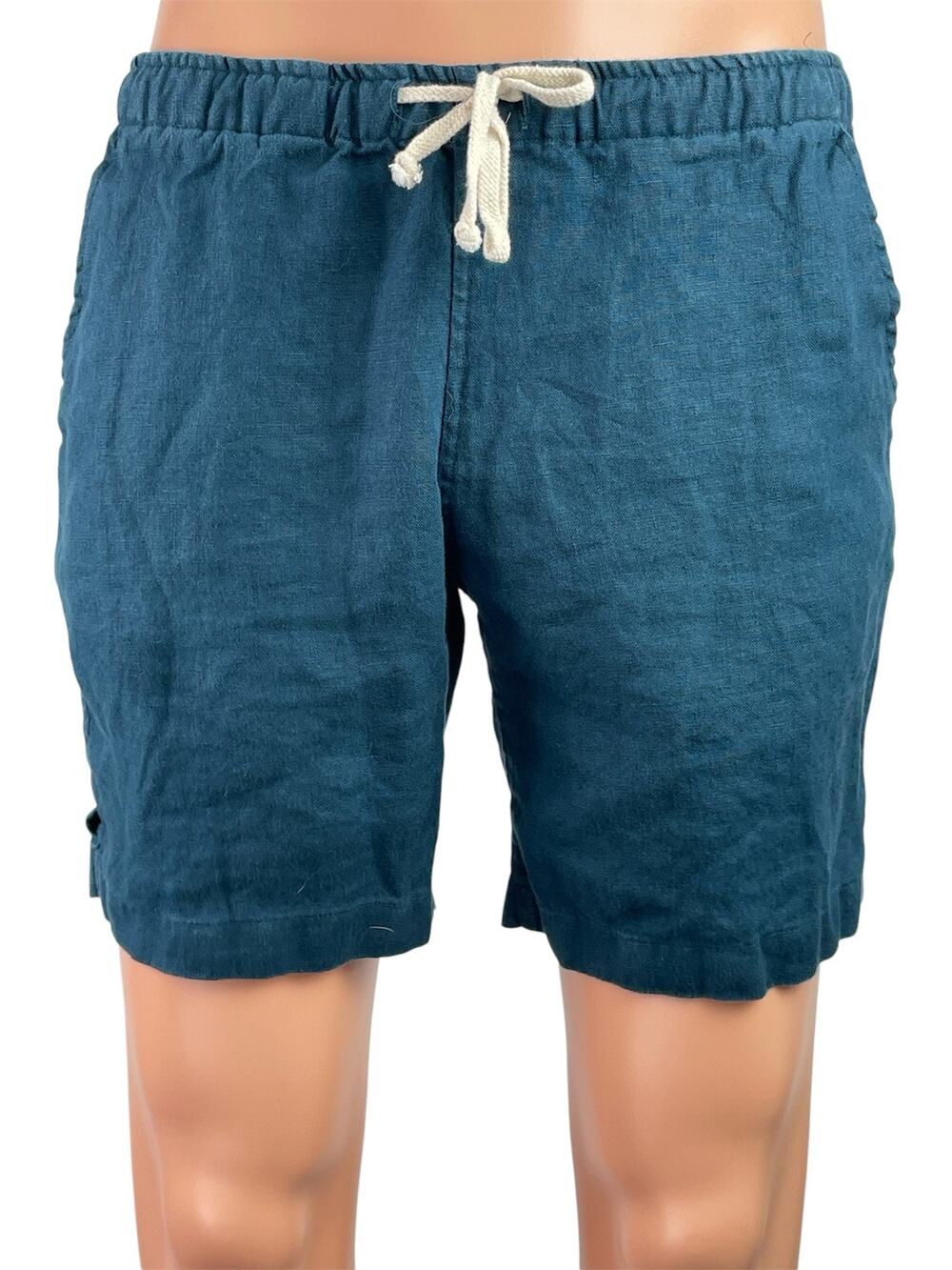 Alex Crane 100% Linen Mens Blue Elastic Waist Drawstring Casual Lounge Shorts S